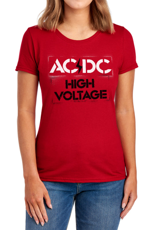 AC\DC : HIGH VOLTAGE STENCIL WOMENS SHORT SLEEVE Red LG