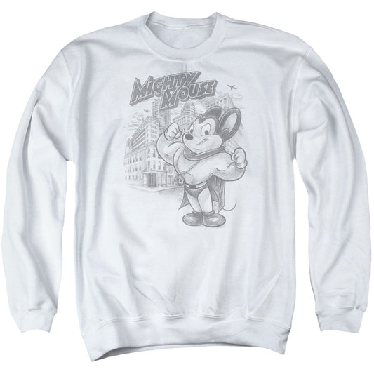 MIGHTY MOUSE : PROTECT AND SERVE ADULT CREW NECK SWEATSHIRT WHITE SM