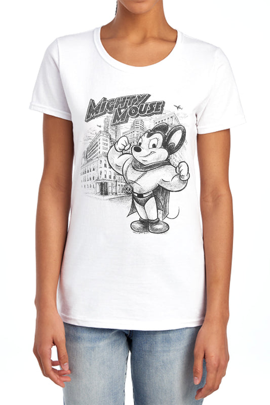 MIGHTY MOUSE : PROTECT AND SERVE S\S WOMENS TEE WHITE 2X