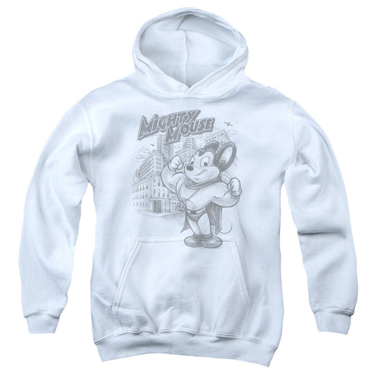 MIGHTY MOUSE : PROTECT AND SERVE YOUTH PULL OVER HOODIE WHITE LG