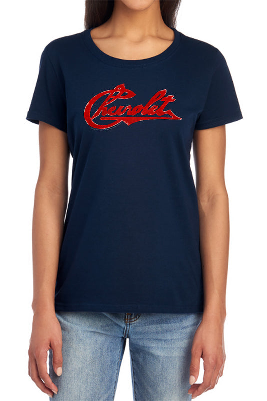 CHEVROLET : CHEVROLET SCRIPT DISTRESSED WOMENS SHORT SLEEVE Navy LG