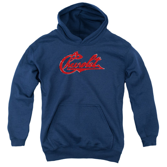 CHEVROLET : CHEVROLET SCRIPT DISTRESSED YOUTH PULL OVER HOODIE Navy LG