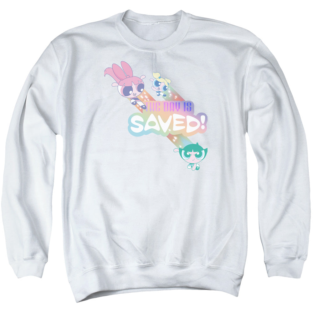 POWERPUFF GIRLS : THE DAY IS SAVED ADULT CREW SWEAT White 2X