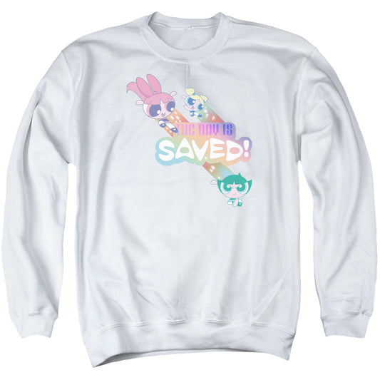 POWERPUFF GIRLS : THE DAY IS SAVED ADULT CREW SWEAT White LG