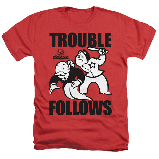 MONOPOLY : TROUBLE FOLLOWS ADULT REGULAR FIT HEATHER SHORT SLEEVE Red 3X