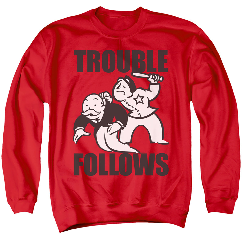 MONOPOLY : TROUBLE FOLLOWS EVERGREEN ADULT CREW SWEAT Red LG