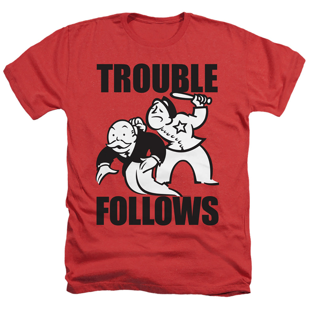 MONOPOLY : TROUBLE FOLLOWS EVERGREEN ADULT REGULAR FIT HEATHER SHORT SLEEVE Red 3X