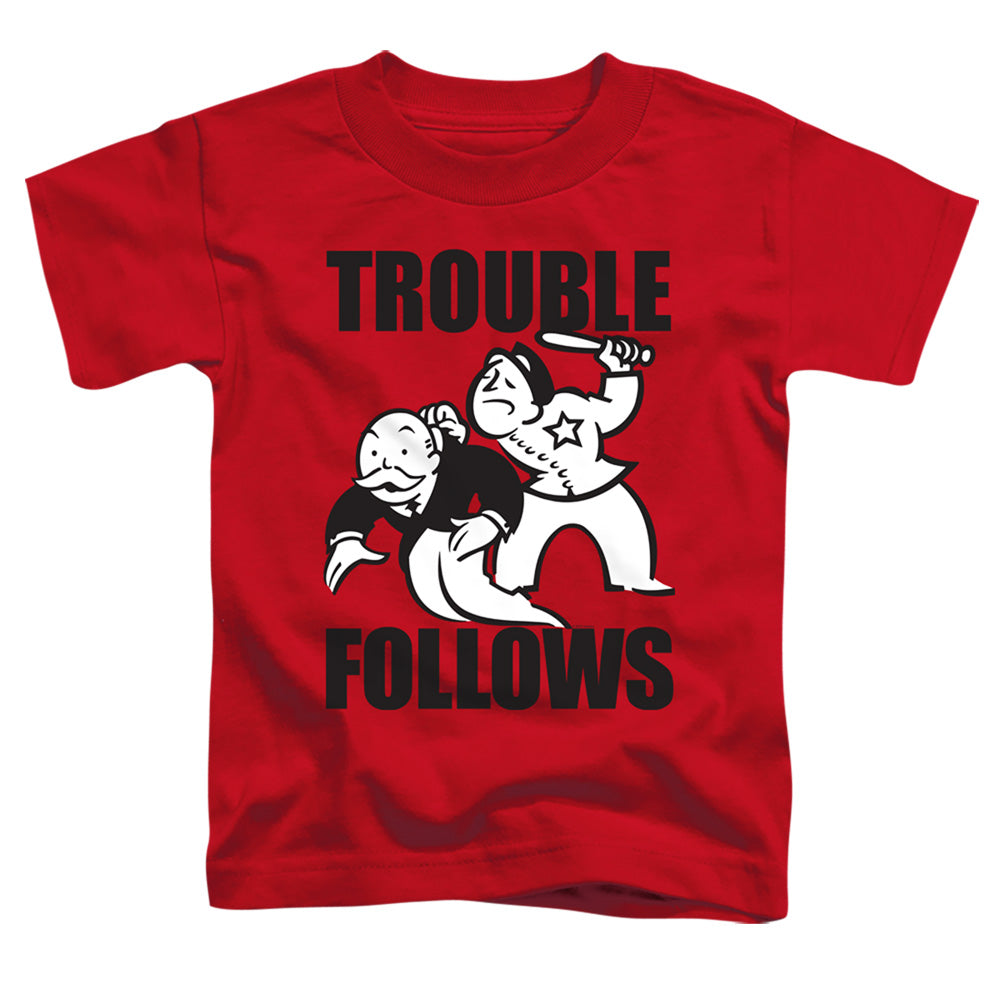 MONOPOLY : TROUBLE FOLLOWS EVERGREEN S\S TODDLER TEE Red LG (4T)