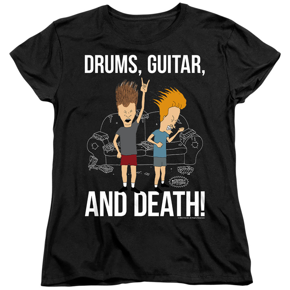 BEAVIS AND BUTTHEAD : DRUMS, GUITAR, AND DEATH WOMENS SHORT SLEEVE Black 2X