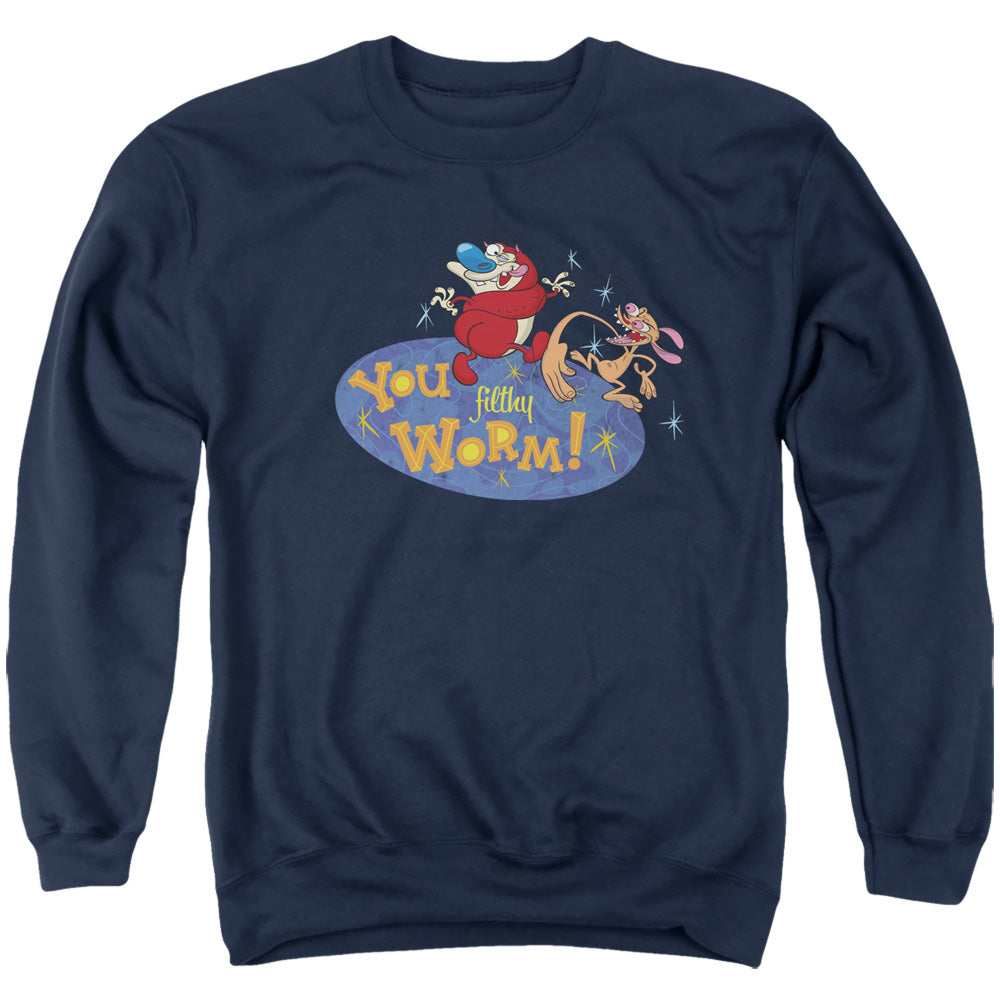 REN AND STIMPY : YOU FILTHY WORM! ADULT CREW SWEAT Navy 2X