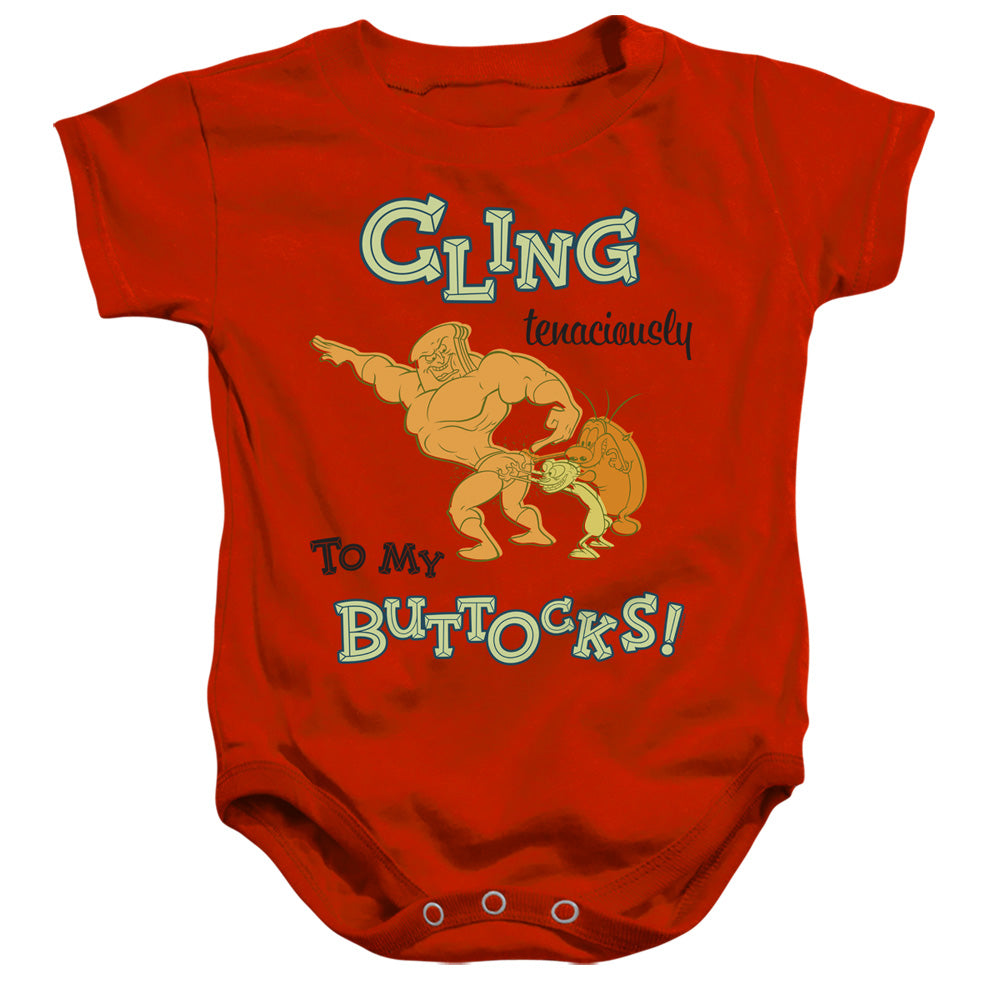 REN AND STIMPY : CLING TENACIOUSLY TO MY BUTTOCKS INFANT SNAPSUIT Red LG (18 Mo)