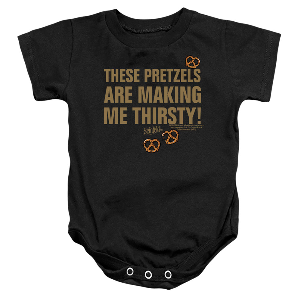 SEINFELD : PRETZELS THIRSTY INFANT SNAPSUIT Black LG (18 Mo)