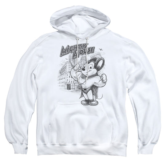 MIGHTY MOUSE : PROTECT AND SERVE ADULT PULL OVER HOODIE White 2X