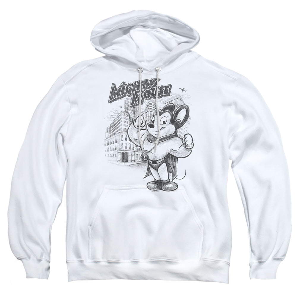 MIGHTY MOUSE : PROTECT AND SERVE ADULT PULL OVER HOODIE White LG