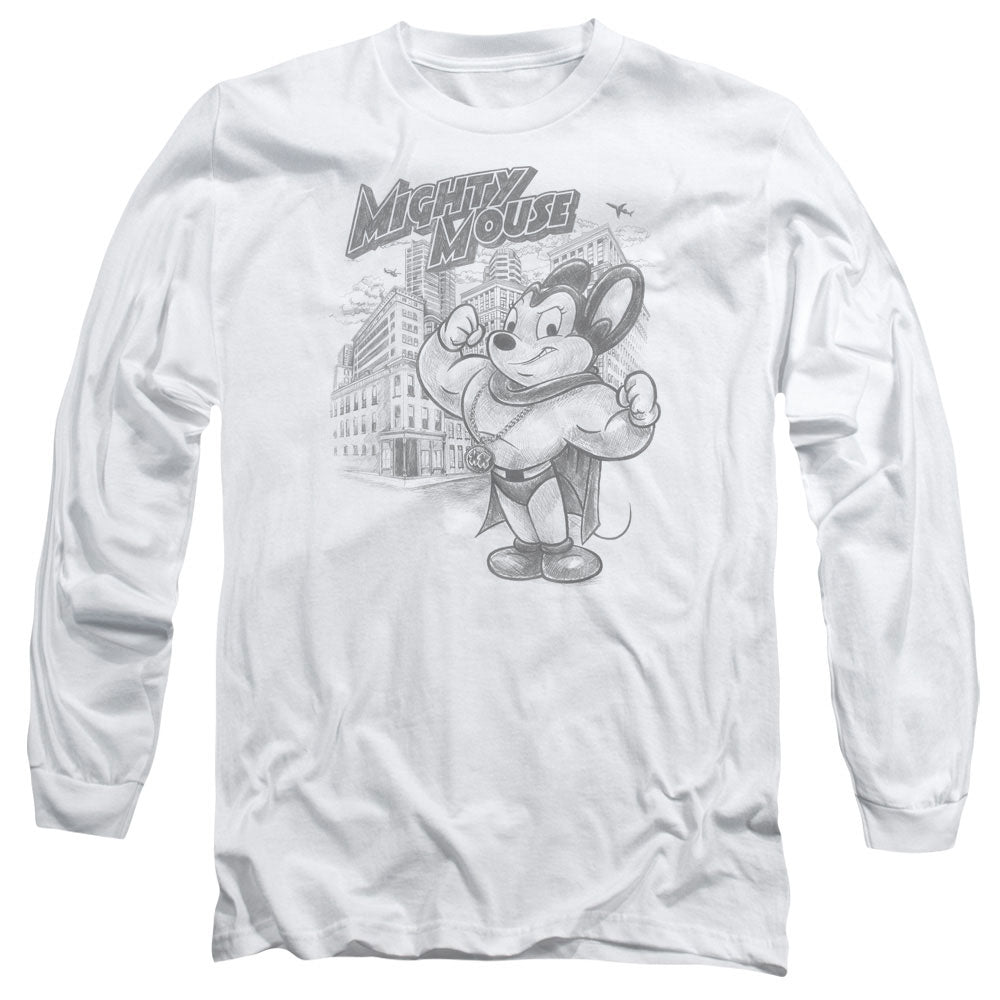 MIGHTY MOUSE : PROTECT AND SERVE L\S ADULT T SHIRT 18\1 WHITE 2X