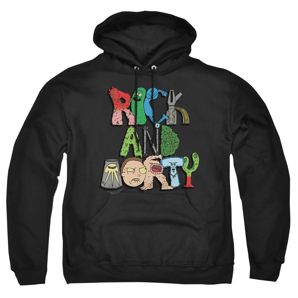 RICK AND MORTY : ILLUSTRATED LOGO ADULT PULL OVER HOODIE Black 2X