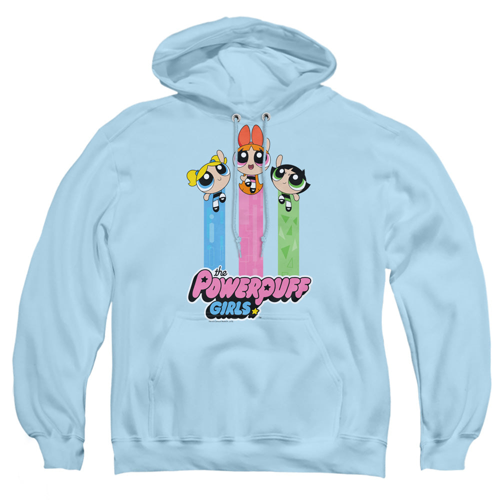 POWERPUFF GIRLS : THE GIRLS FLY ADULT PULL OVER HOODIE LIGHT BLUE 2X