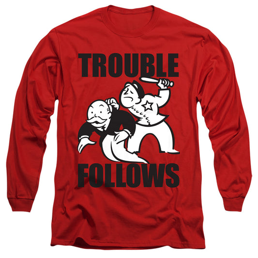 MONOPOLY : TROUBLE FOLLOWS EVERGREEN L\S ADULT T SHIRT 18\1 Red 2X