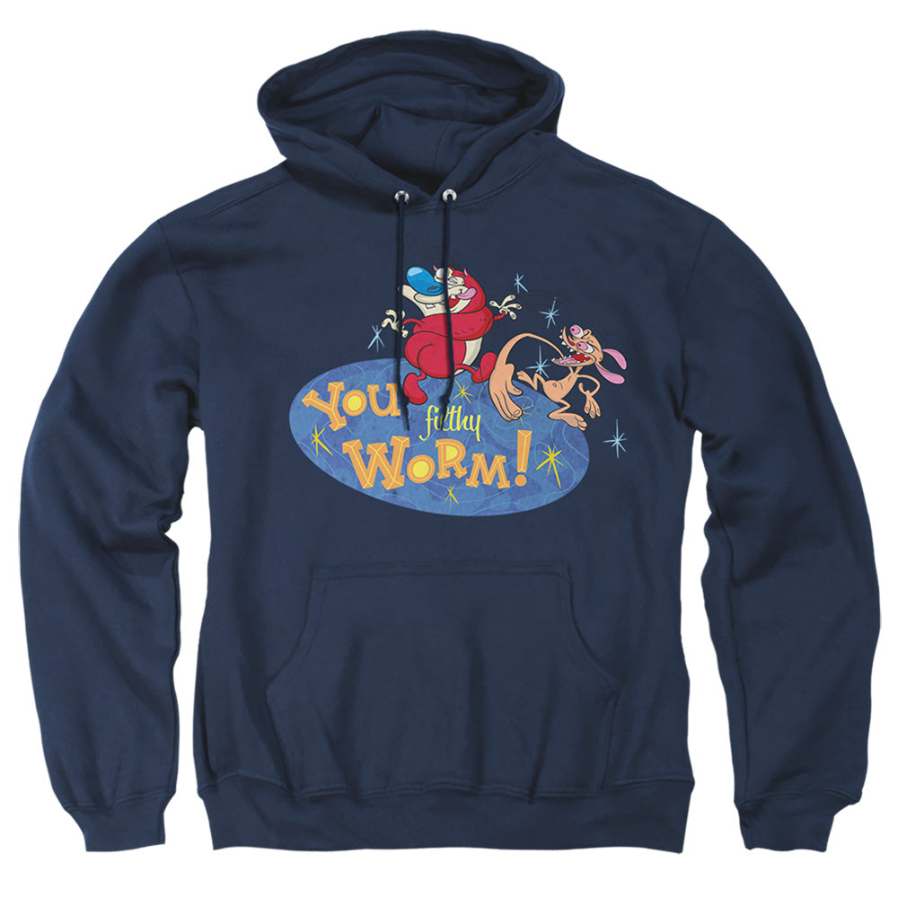 REN AND STIMPY : YOU FILTHY WORM! ADULT PULL OVER HOODIE Navy 2X