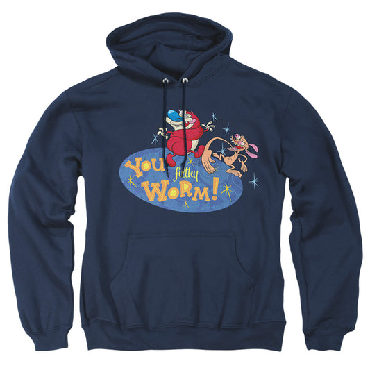 REN AND STIMPY : YOU FILTHY WORM! ADULT PULL OVER HOODIE Navy LG