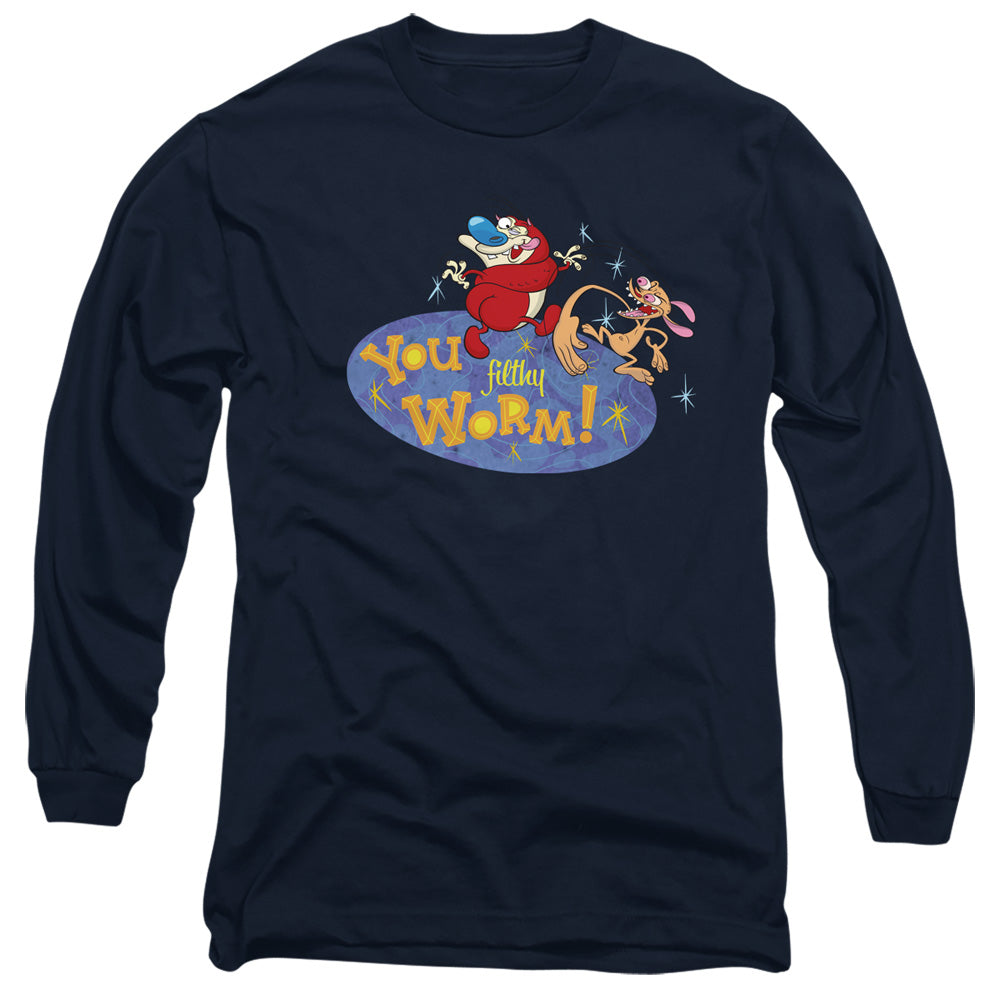 REN AND STIMPY : YOU FILTHY WORM! L\S ADULT T SHIRT 18\1 Navy 2X