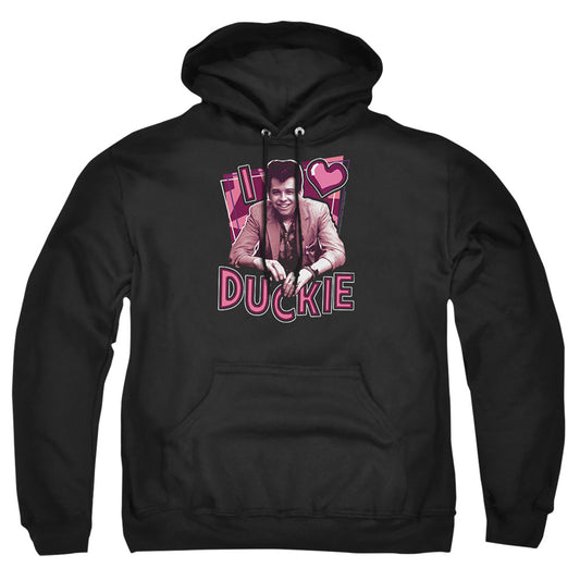 PRETTY IN PINK : I HEART DUCKIE ADULT PULL-OVER HOODIE BLACK 5X